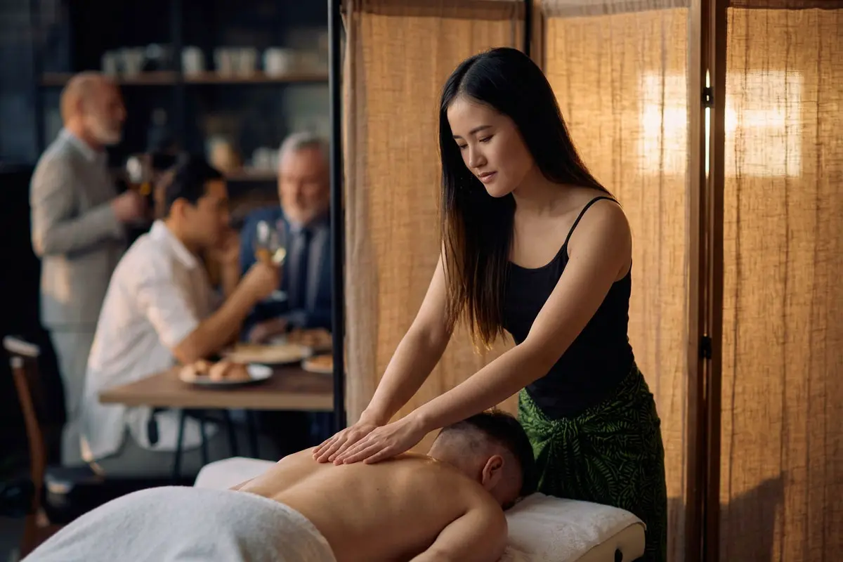 Therapist giving a massage on a table, with guests socializing in the background, at a corporate event in Lisbon