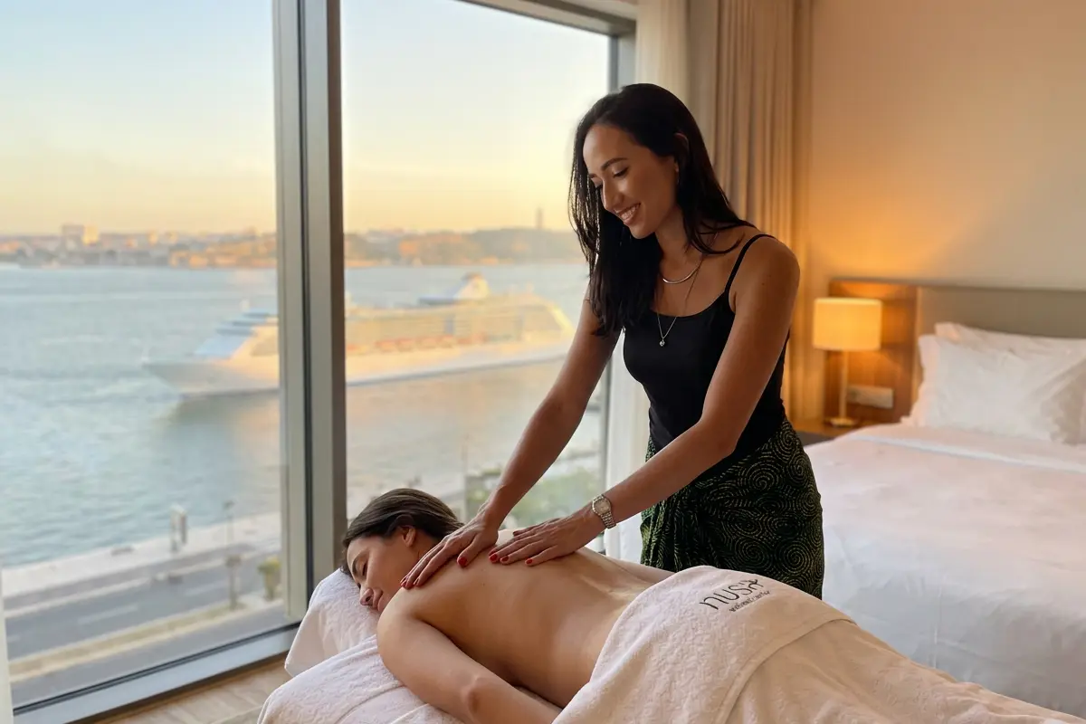 Therapist giving a back massage in a Lisbon hotel room with a cruise ship visible on the Tagus river through the window