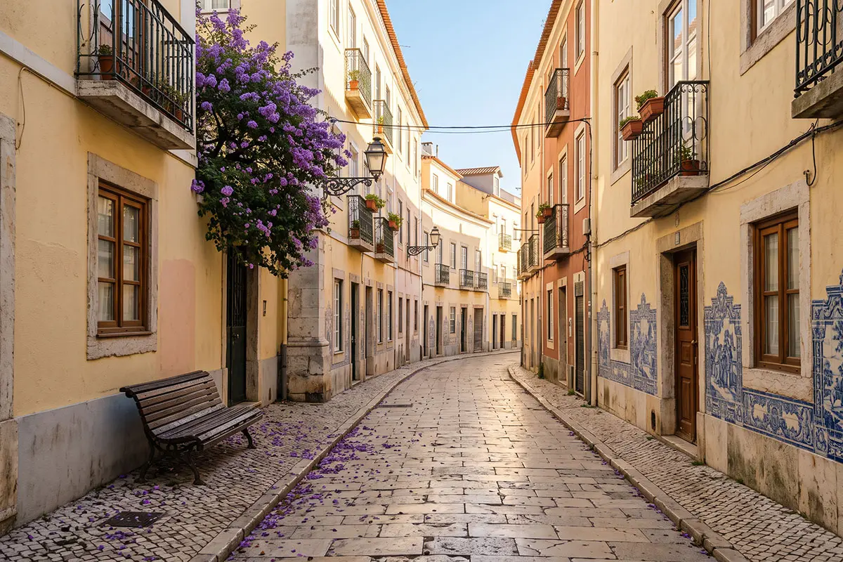 Rua vazia e soalheira de Lisboa, sem multid&otilde;es