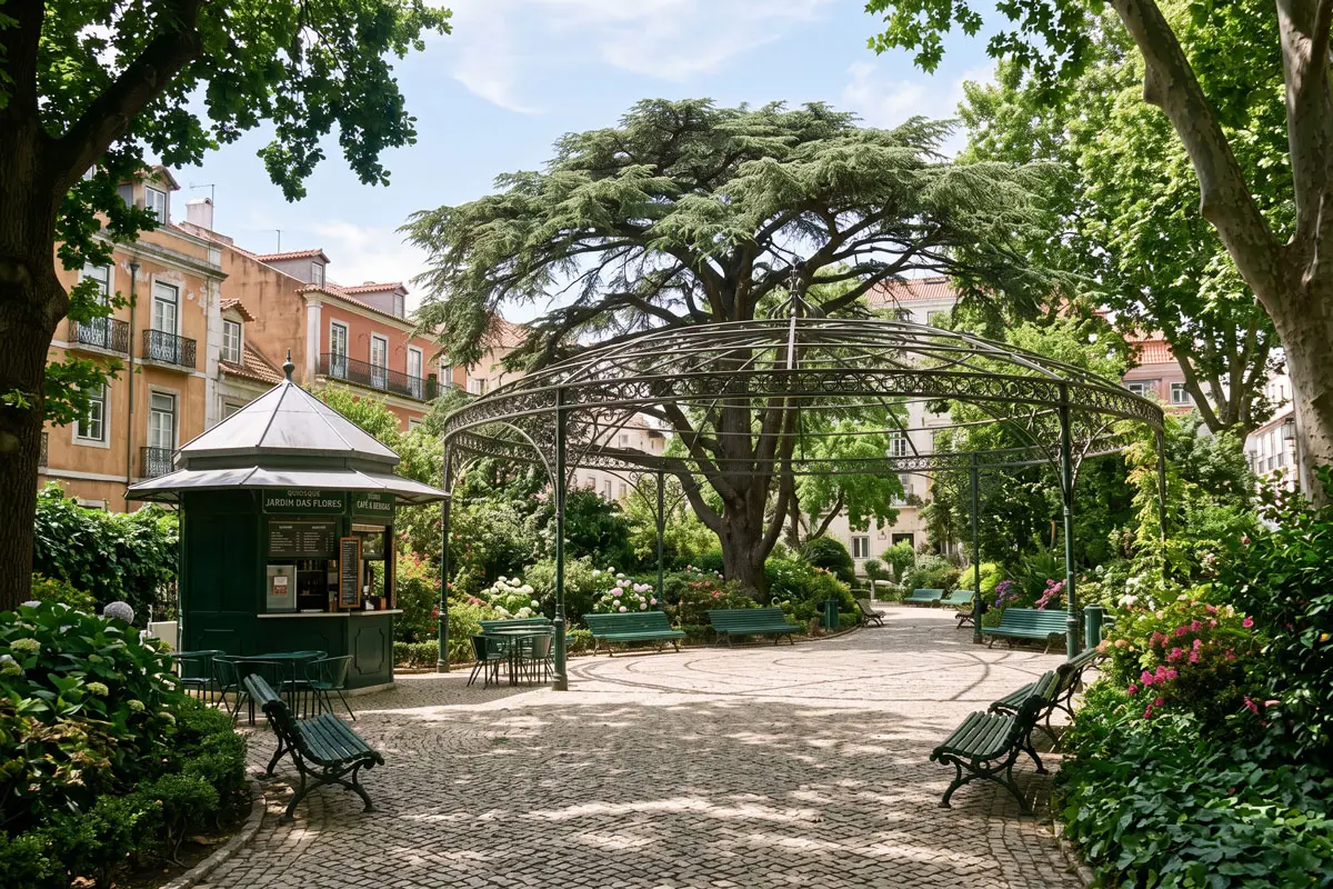 O jardim do Pr&iacute;ncipe Real em Lisboa, vazio, com o velho cedro na estrutura de ferro e um quiosque verde, sem multid&otilde;es
