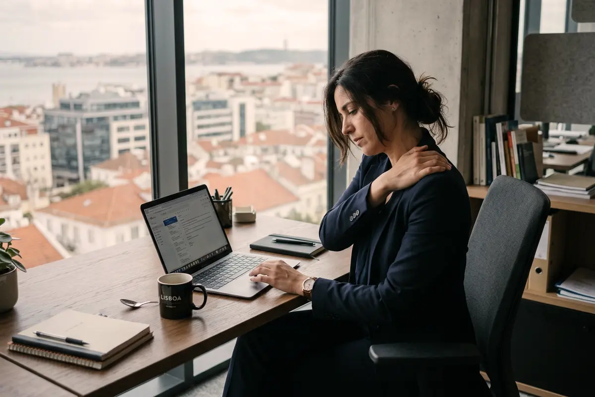 Professional rubbing their own shoulder at a desk, with a view over the rooftops of Lisbon