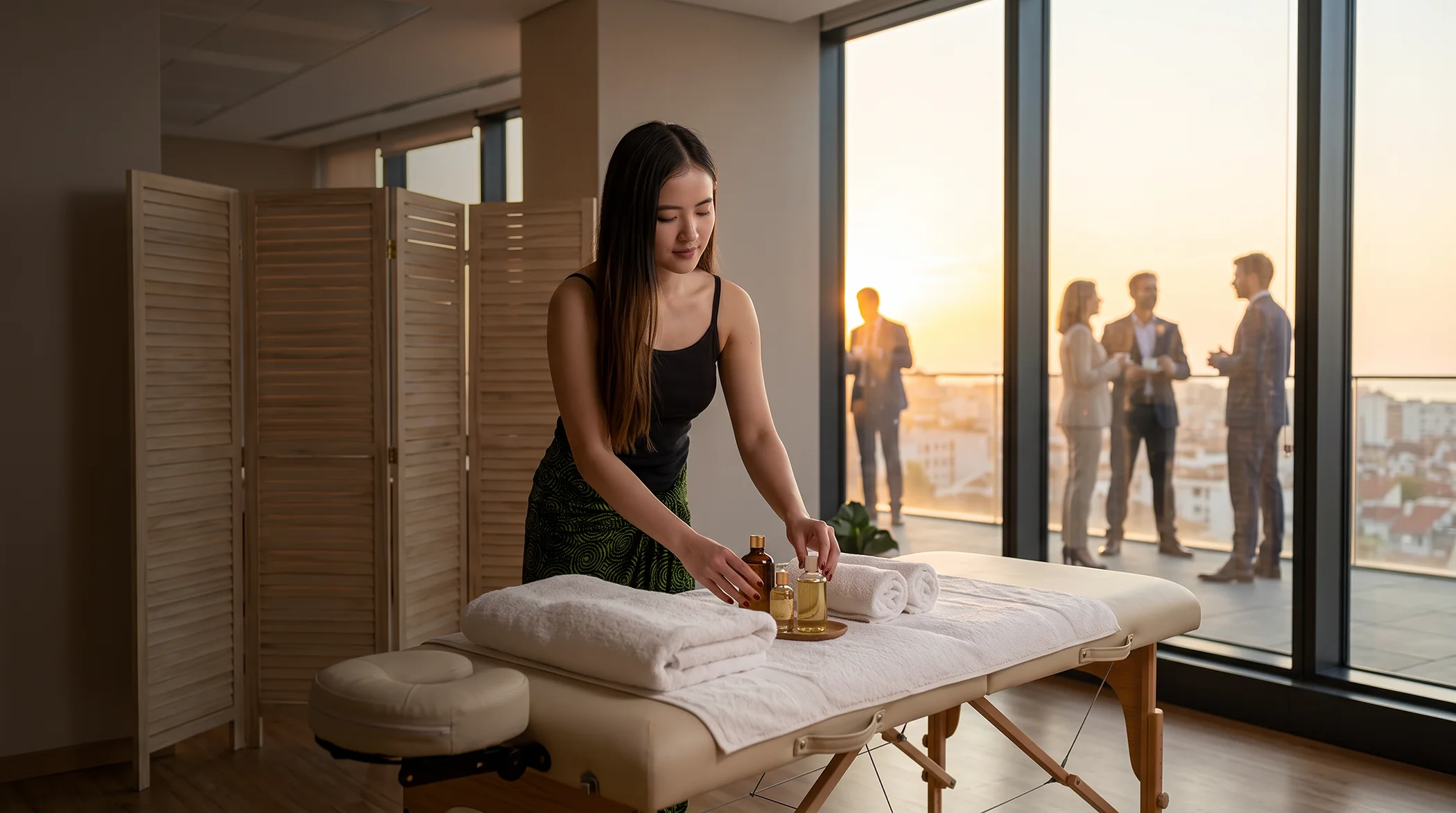Therapist preparing a massage table at a corporate event in Lisbon, with guests visible near the window in the background