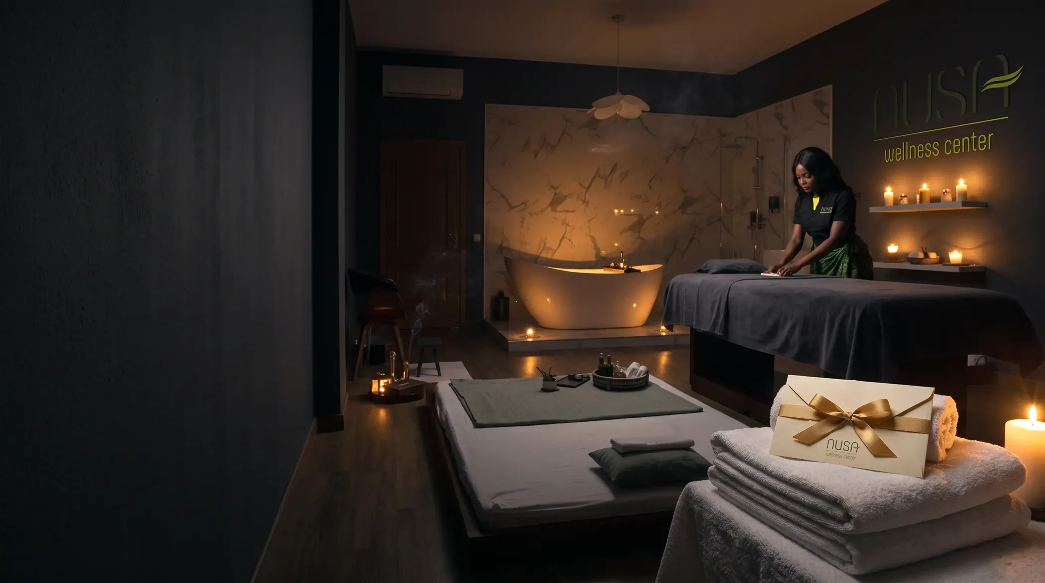 Sala de massagem do Nusa Massage Spa com o voucher de oferta pousado sobre toalhas dobradas e velas acesas