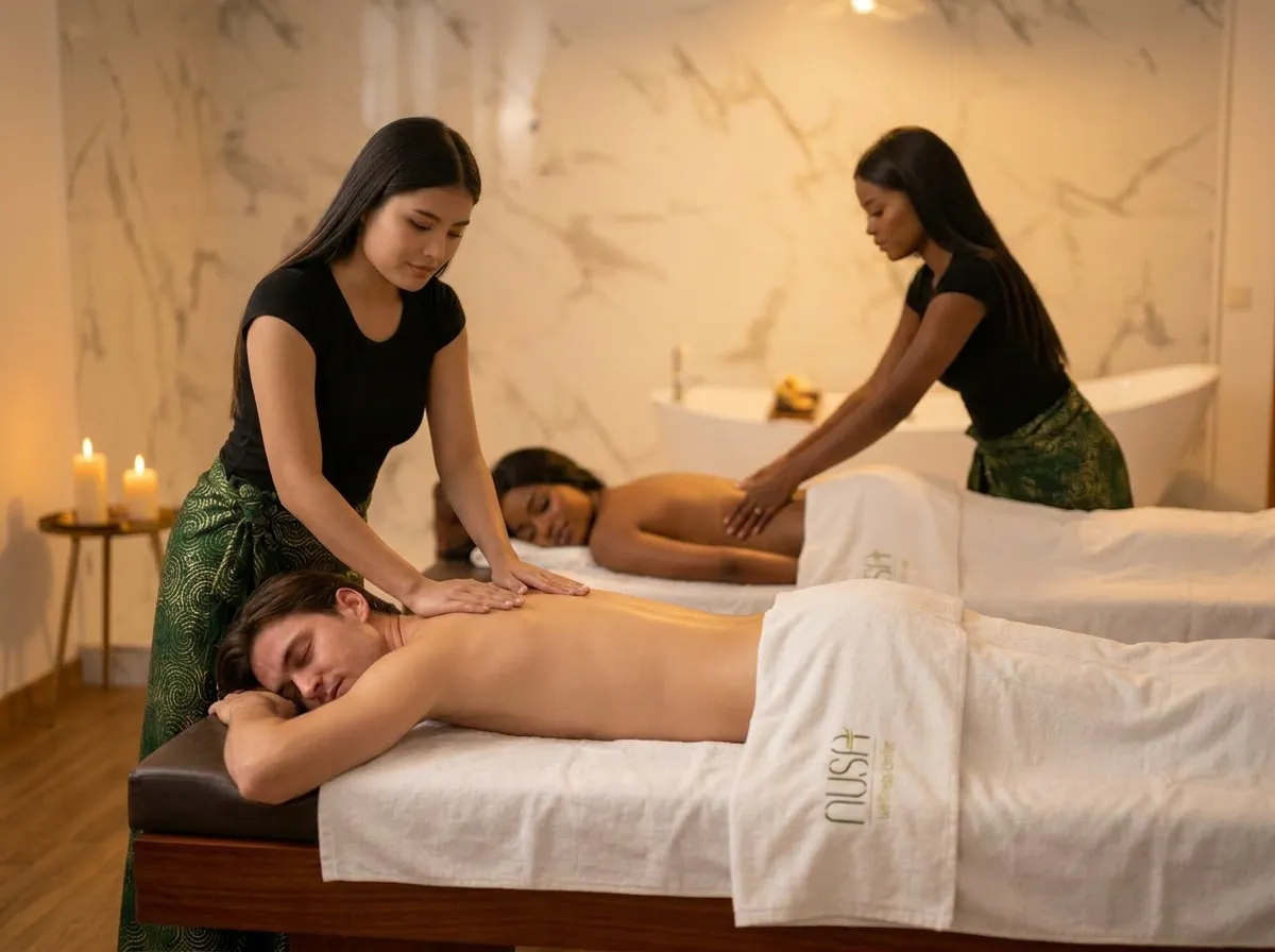 Deux thérapeutes réalisant un massage en couple pour deux personnes en même temps au Nusa Massage Spa