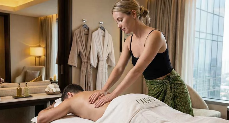Terapeuta a preparar massagem num quarto de hotel em Lisboa