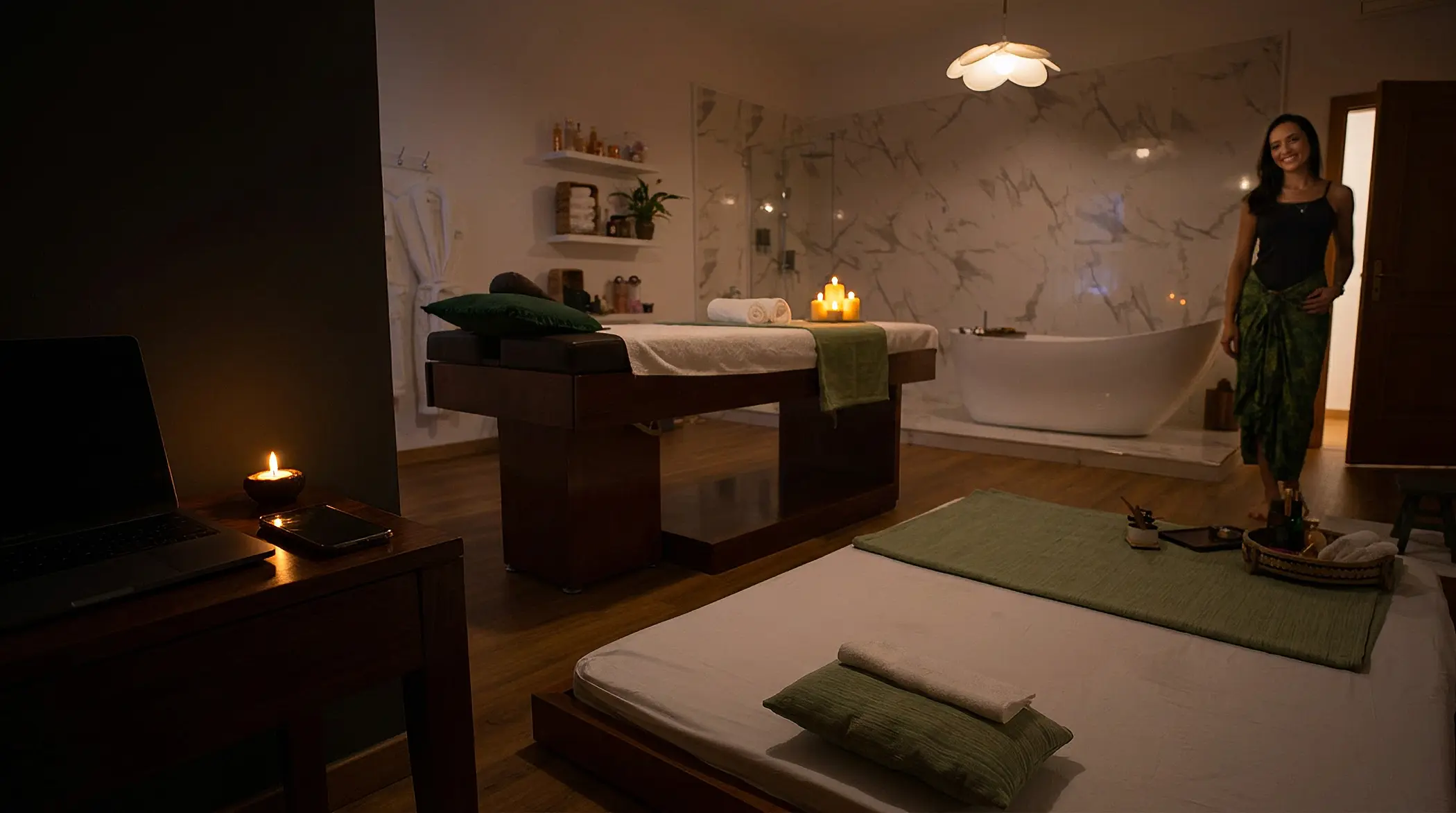 Massage room at Nusa Massage Spa in the evening, with a laptop closed on a side table beside a lit candle