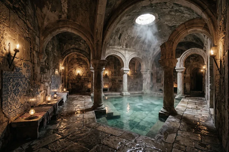 Ancient underground bathhouse with thermal pool and stone arches