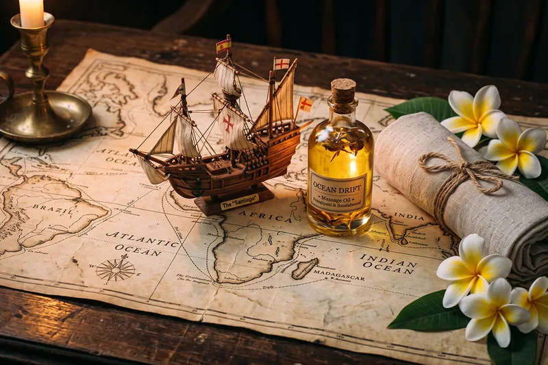 Mapa n&aacute;utico antigo com caravela e garrafa de &oacute;leo de massagem
