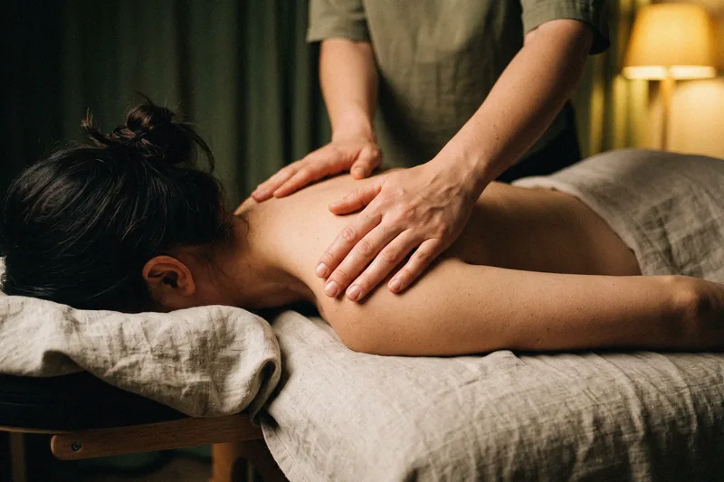 Terapeuta a massajar as costas e os ombros de uma cliente, &agrave; luz quente de um candeeiro