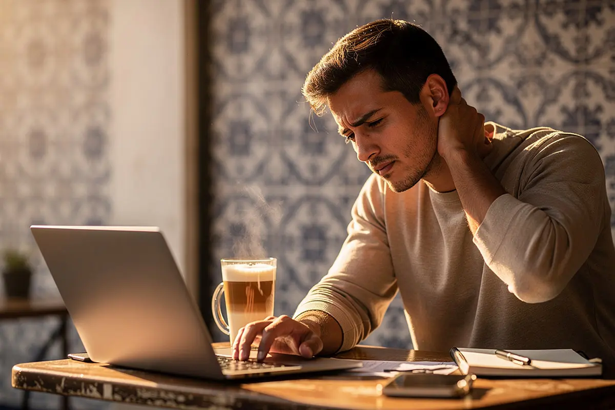 Remote worker rubbing a stiff neck while working on a laptop at a cafe table in Lisbon