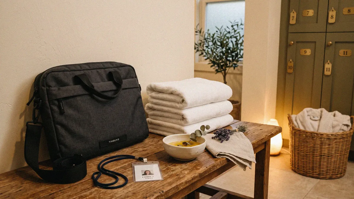 Work laptop bag and lanyard badge set down on a wooden bench beside folded towels, oil and lavender in a Lisbon spa